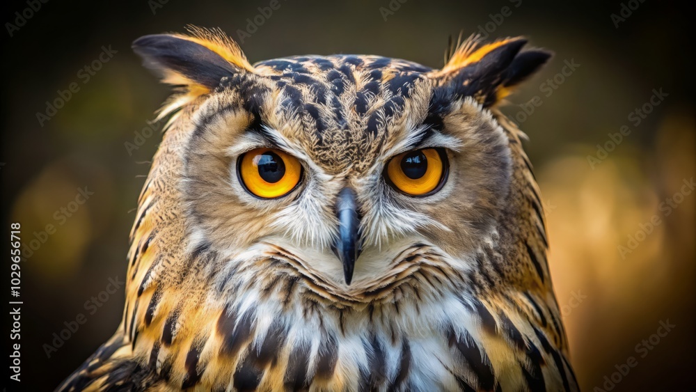 Obraz premium In minimalist photography, the Eurasian Eagle Owl enthralls viewers with its piercing gaze, representing the striking elegance of nature’s remarkable bird in a breathtaking composition.