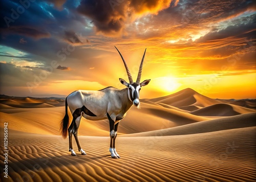 In the sunlit desert, the graceful Oryx Gazella showcases nature's elegance, effortlessly blending with the serene landscape that surrounds this magnificent antelope.