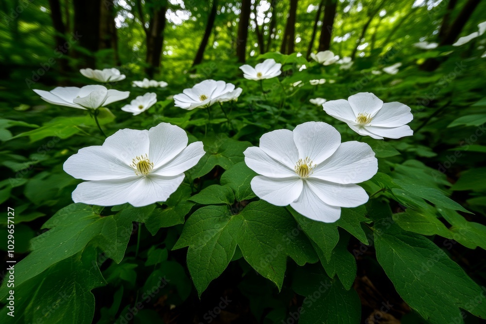 Ipomoea vines intermingling with rare white blossoms in a dense forest Ipomoea vines intermingling with rare white blossoms in a dense forest