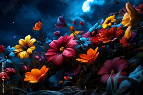 Magical flower vine, blooming with vibrant colors under a moonlit sky