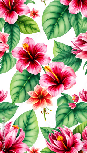 Watercolor tropical pattern with hibiscus and protea flowers isolated with white highlights, png