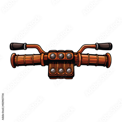 A detailed illustration of a pair of brown bicycle handlebars with black grips and buttons.