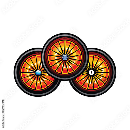 An illustration of three bike reflectors on wheels with a white background.