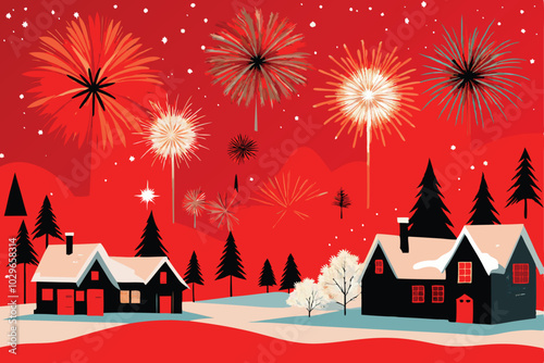 A peaceful winter village with fireworks lighting up the red sky.