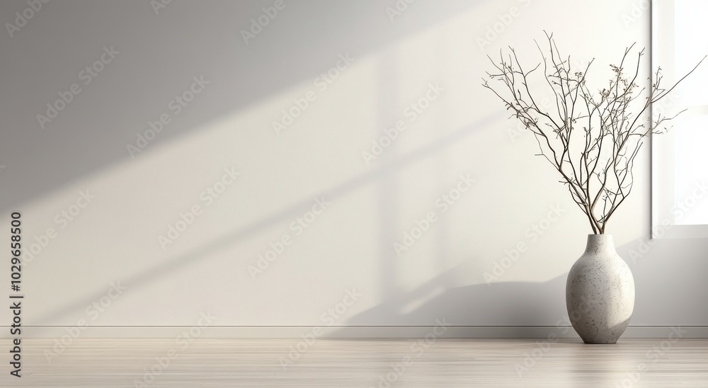 A minimalist interior with a vase of branches under soft light. A minimalist interior with a vase of branches under soft light.