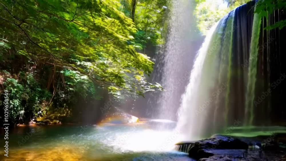 Majestic waterfall cascading down a rock face in a lush green forest.
Majestic waterfall cascading down a rock face in a lush green forest.