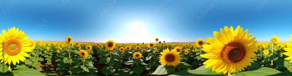 Obraz premium 360 degree Sunflower Field Under a Blue Sky, 360 degree photo. HDRI spherical panorama.