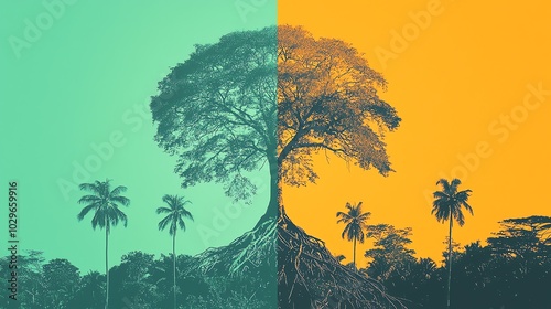 A striking split image showcasing two trees in contrasting color palettes, emphasizing nature's diversity and beauty.