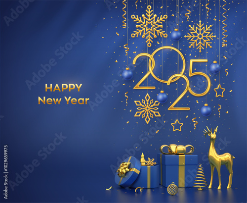 Happy New 2025 Year. Hanging golden metallic numbers 2025 with snowflakes, stars, balls on blue background. Gift boxes, gold deer and metallic pine or fir, cone shape spruce trees. Vector illustration
