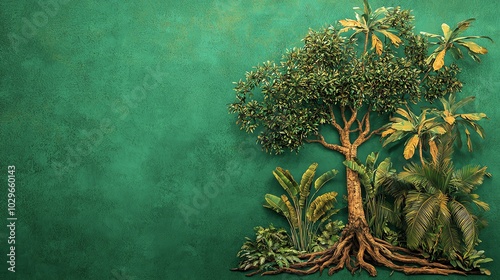 A vibrant green backdrop featuring a beautifully illustrated tree with lush foliage, perfect for nature-themed projects.