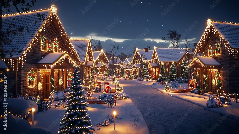 Merry Moment and Activities Christmas lights display in a neighborhood, houses fully decorated, 3D illustration Merry Moment and Activities Christmas lights display in a neighborhood, houses fully decorated, 3D illustration