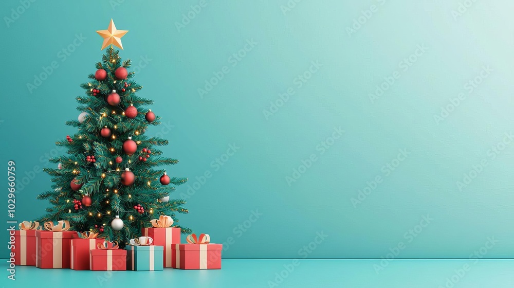 Fototapeta premium Merry Moment and Activities Christmas tree, decorated with gifts, flat design illustration