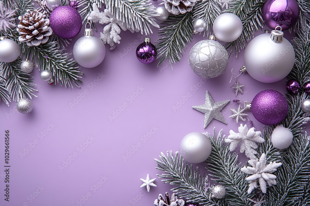 Lavender background with silver bells, white ornaments, and Christmas stars. Lavender background with silver bells, white ornaments, and Christmas stars.