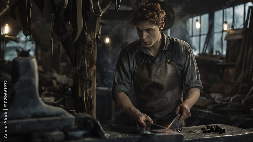 Young Blacksmith Working in Workshop Young Blacksmith Working in Workshop