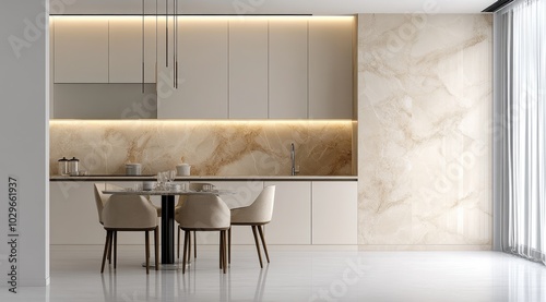 A sleek kitchen with neutral tones, marble textures, and minimalist design featuring elegant dining setup.