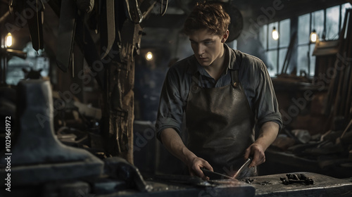 Young Blacksmith Working in Workshop