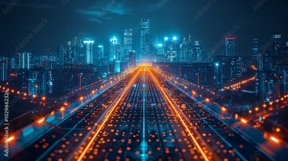 Fototapeta premium Futuristic Cityscape with Illuminated Road Perspective