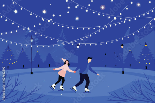 A couple ice skating on a rink in a snowy park at night, surrounded by trees and string lights.