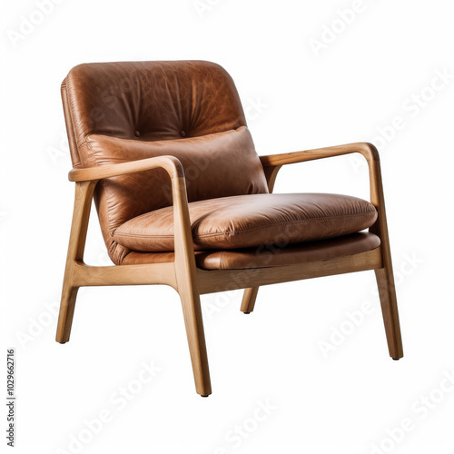 Stylish Mid-Century Modern Brown Leather Armchair with Wooden Frame for Living Room or Office Decor Photograph