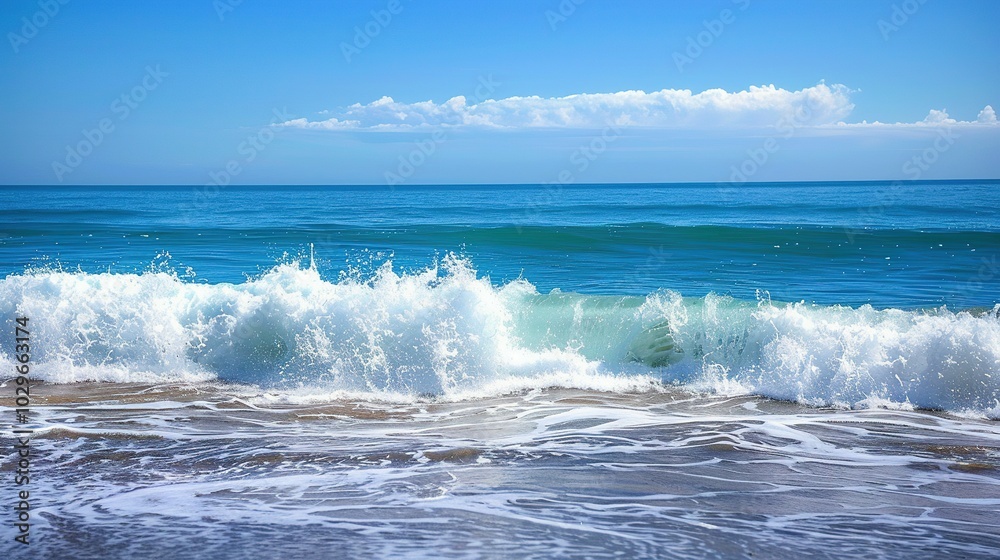 A Wave Breaking on a Sandy Beach Under a Blue Sky A Wave Breaking on a Sandy Beach Under a Blue Sky