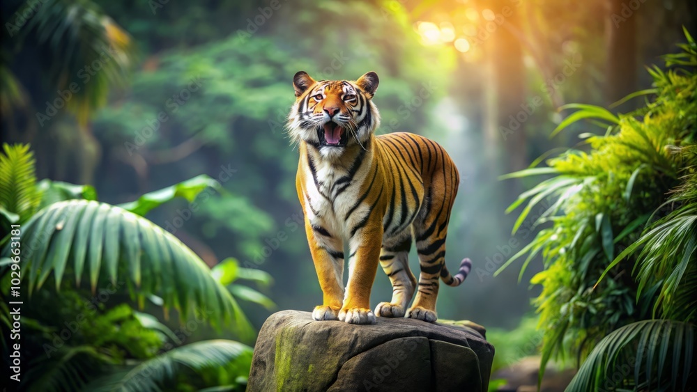 Fototapeta premium the tiger prowls nearby, its majestic form looming in the blurred distance.