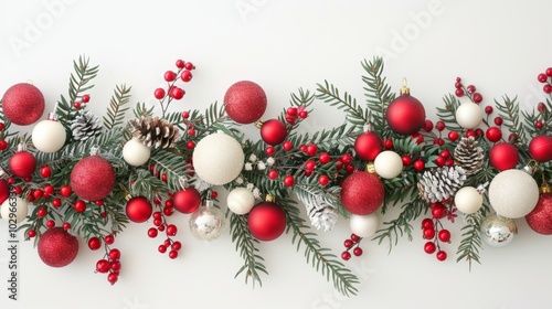 Christmas garland with red and white ornaments on a white background, a flat lay banner for a holiday greeting card or decoration template, with copy space - ai