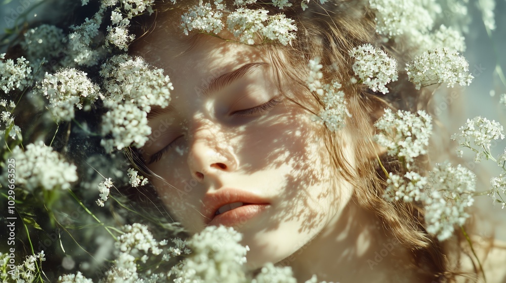 A serene woman with closed eyes surrounded by delicate white flowers in soft natural light during daylight hours A serene woman with closed eyes surrounded by delicate white flowers in soft natural light during daylight hours