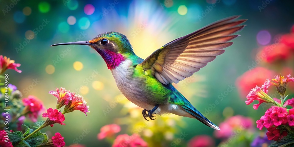 Naklejka premium Vibrant hummingbird in a floral paradise, captured through stunning double exposure artistry, merging nature’s beauty with vivid colors for an enchanting visual experience.