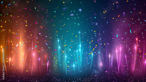 Vibrant fireworks and confetti explosion with colorful sparkles and night sky background. photo