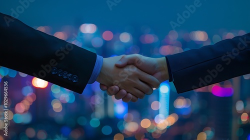 Business handshake on blurred city background with bokeh lights