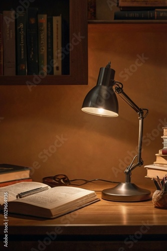 A Table lamp that is on a table with books and a plant on it.