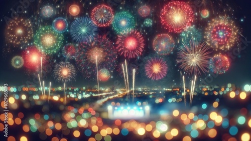 festive fireworks display. Show vibrant, colorful explosions lighting up the night sky, creating a magical and celebratory atmosphere