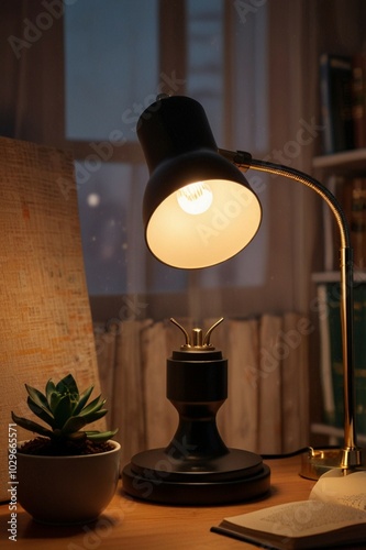 A Table lamp that is on a table with books and a plant on it.