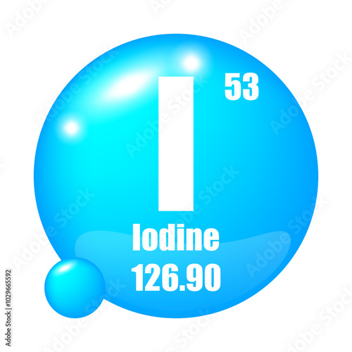 Iodine icon. I chemical element. Atomic number 53. Mass 126.90. Blue sphere image. Vector symbol.