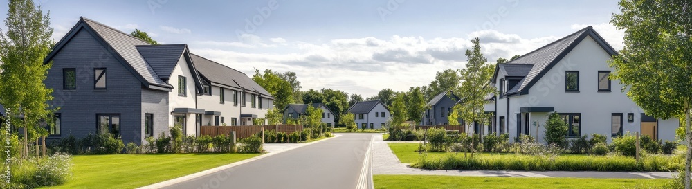 A peaceful suburban neighborhood with modern houses and lush greenery under a clear sky. A peaceful suburban neighborhood with modern houses and lush greenery under a clear sky.