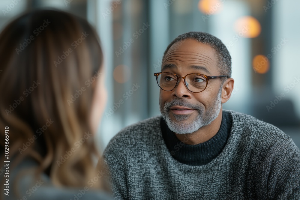Obraz premium Mature Man with Glasses Engaged in a Thoughtful Conversation, Showcasing Connection and Inclusion