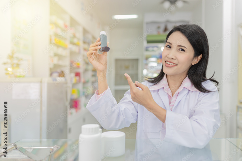 Asian female pharmacist explain about how to use inhaler medicine, asthma clinic, she holding inhaler medicine with her hand, Healthcare professional in white coat explaining asthma medication. Asian female pharmacist explain about how to use inhaler medicine, asthma clinic, she holding inhaler medicine with her hand, Healthcare professional in white coat explaining asthma medication.