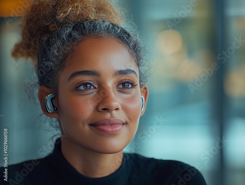 Bright Portrait of a Woman with Natural Hair Wearing Wireless Earbuds, Showcasing Modern Accessibility and Style photo