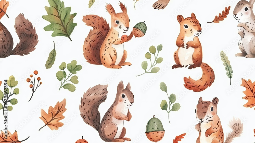 Naklejka premium A series of squirrels are sitting on leaves and acorns