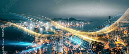 A nighttime aerial view of Hong Kong, China, with streaks of light representing the city's energy and connection.