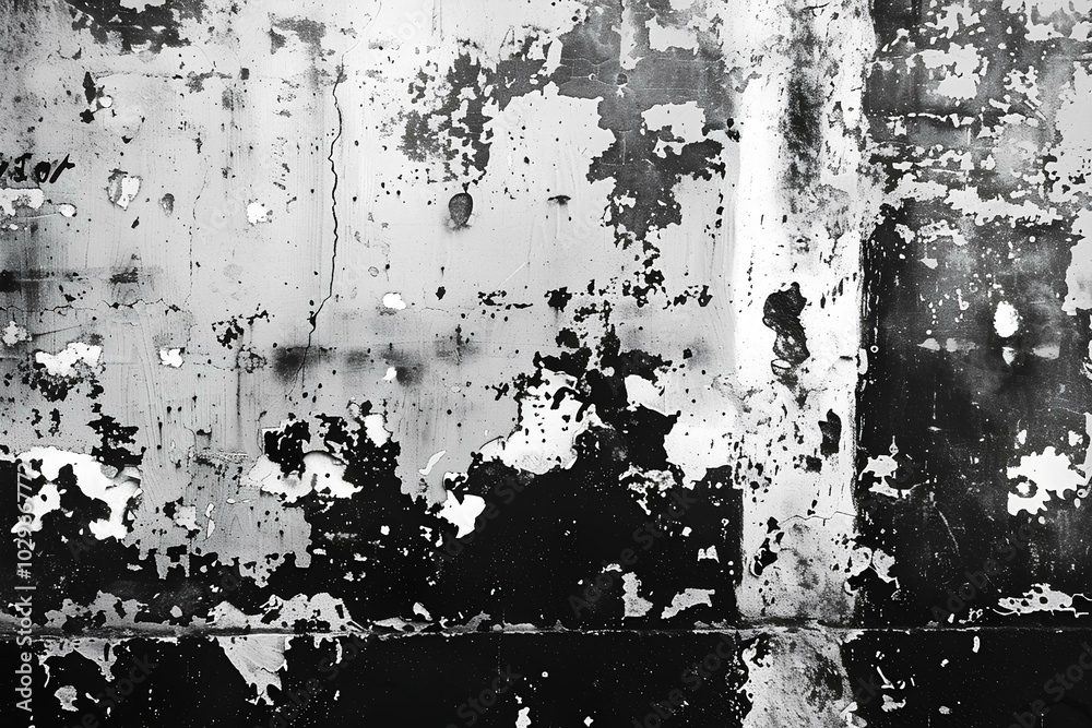 A black and white photo of a wall with peeling paint