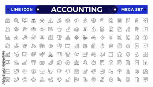 Accounting and audit outline icons set. Related to accounting, audit, taxes. Outline icon collection. Containing economy, business, financial, management, tax, transaction, calculation icon.