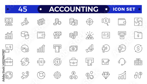 Accounting and audit outline icons set. Related to accounting, audit, taxes. Outline icon collection. Containing economy, business, financial, management, tax, transaction, calculation icon.