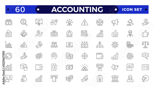 Accounting and audit outline icons set. Related to accounting, audit, taxes. Outline icon collection. Containing economy, business, financial, management, tax, transaction, calculation icon.