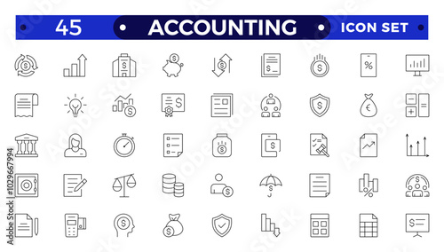 Accounting and audit outline icons set. Related to accounting, audit, taxes. Outline icon collection. Containing economy, business, financial, management, tax, transaction, calculation icon.