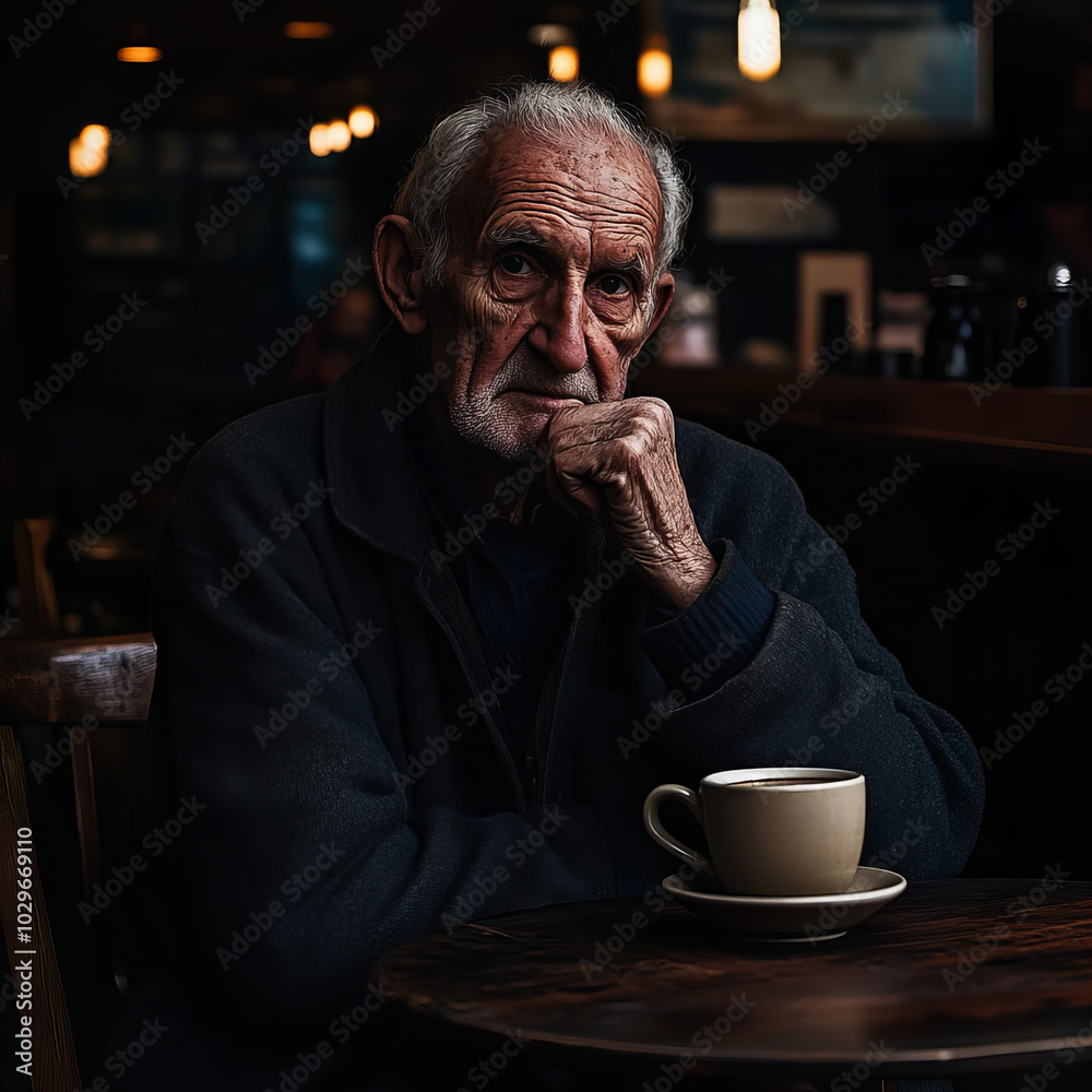 An elderly man sitting thoughtfully in a dimly lit café, enjoying a cup of coffee in the early afternoon An elderly man sitting thoughtfully in a dimly lit café, enjoying a cup of coffee in the early afternoon