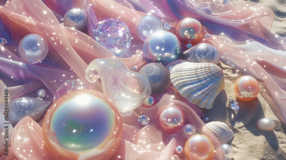A beach scene with a pink blanket and a variety of shiny, colorful objects A beach scene with a pink blanket and a variety of shiny, colorful objects