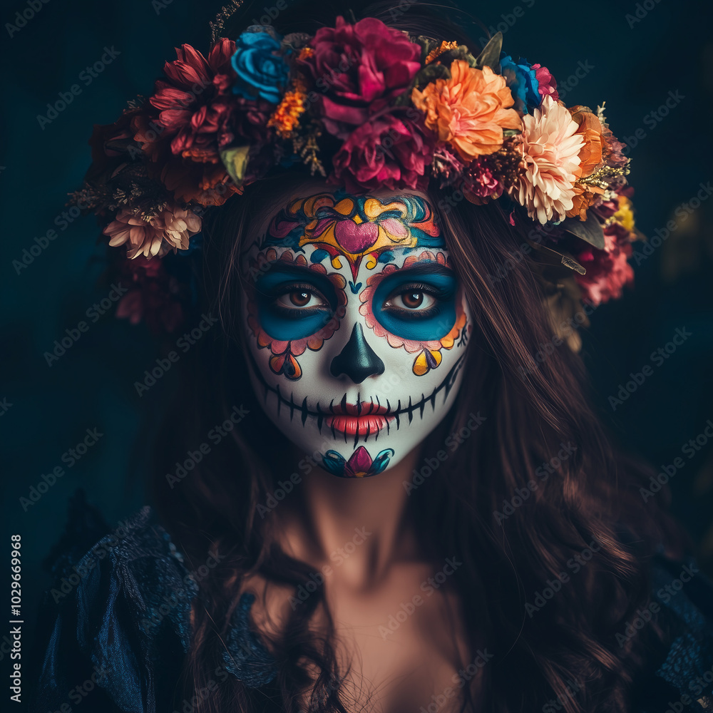 Woman in Flower Crown with Colorful Sugar Skull Makeup Highlighted in Dark