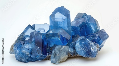 A large blue crystal formation sits on a white background photo