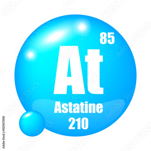 Astatine icon. At chemical element. Atomic number 85. Mass 210. Blue sphere image.